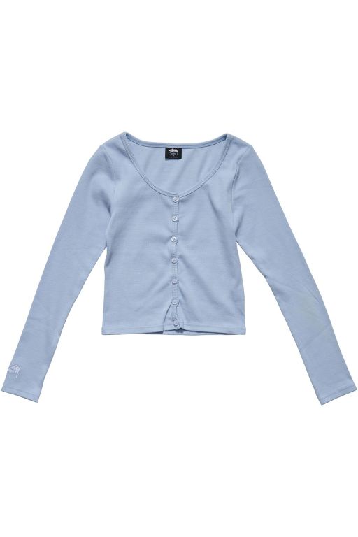 Stussy Womens Mission Rib Button Through Long Sleeve T Shirt Blue - ZBHIY4091